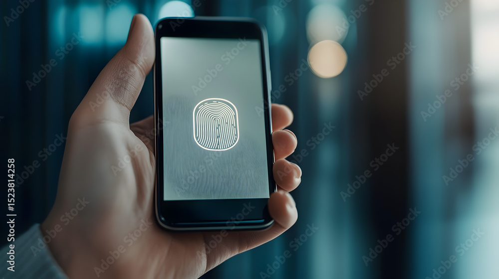 Poster a hand holds a smartphone displaying a fingerprint icon for biometric authentication on the screen.