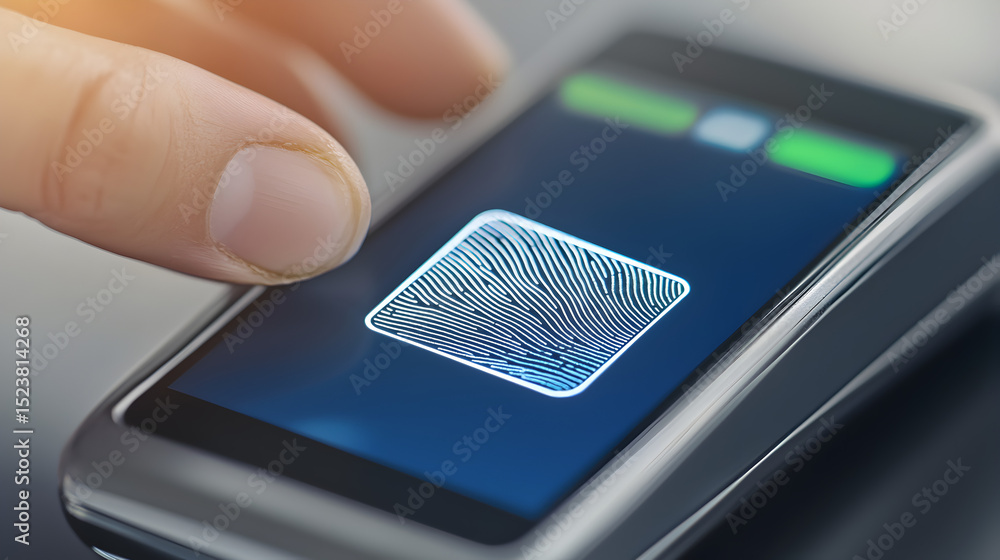 Poster a finger is about to unlock a smartphone using a fingerprint scanner on the device