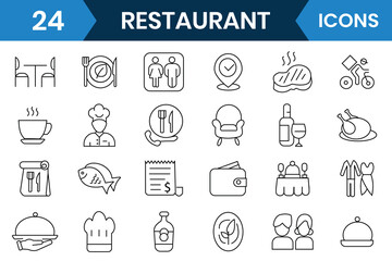 Restaurant icons set collection. Cooking icon, meal, menu, restaurant, food delivery, cafe, bistro line icon vector set. Vector illustration.