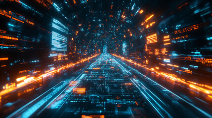 Digital data stream in a futuristic tunnel with glowing information and data transmission in cyber space for technological backgrounds