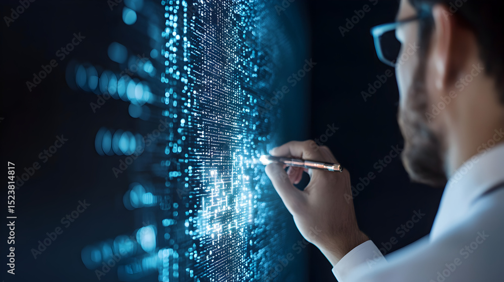 Poster a man analyzes glowing digital data on a transparent screen, representing advanced technology and da