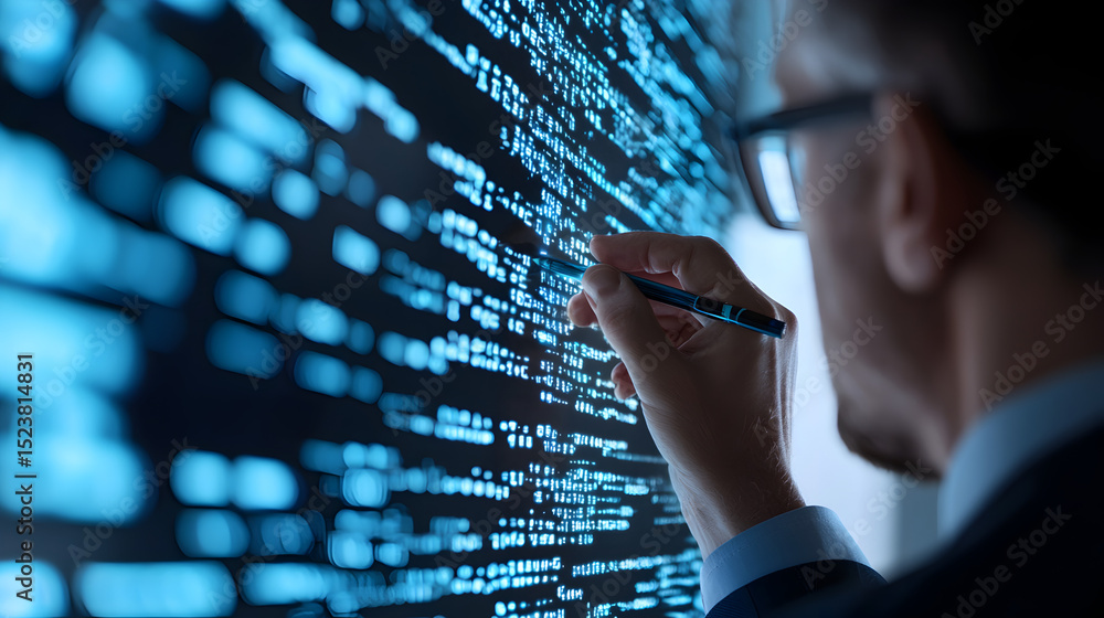 Poster a man analyzes and edits code on a digital screen filled with blue data and programming text.