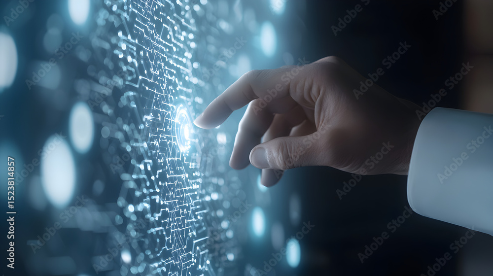 Poster a hand interacts with a glowing digital interface, touching a futuristic virtual screen with illumin