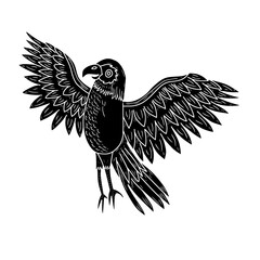 Black eagle silhouette with white detail vector illustration. Majestic eagle with spread wings icon