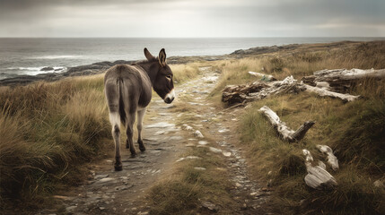 Fototapeta premium A solitary donkey walks slowly along a coastal path, its tired posture set against a moody seascape. The scene evokes a sense of quiet melancholy and resilience.