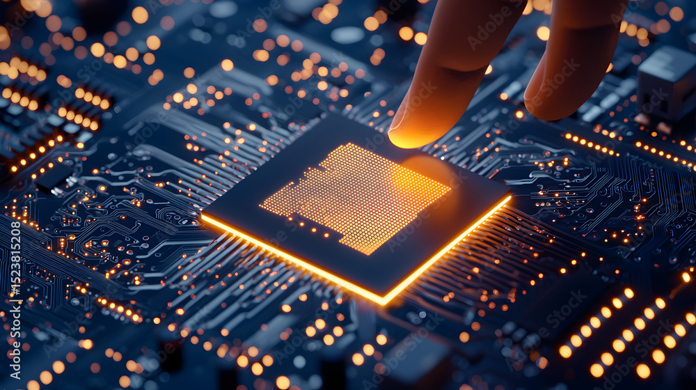 Aufkleber a close-up of a glowing microchip on a circuit board, with a fingertip touching the chip, symbolizin