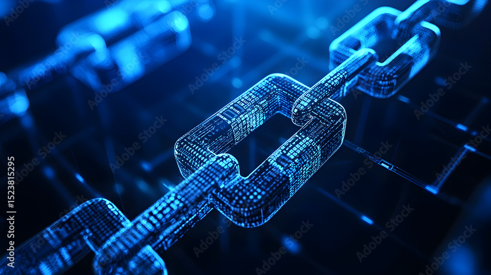 Poster a digital, glowing chain symbolizes blockchain technology, security, and interconnected data in a fu