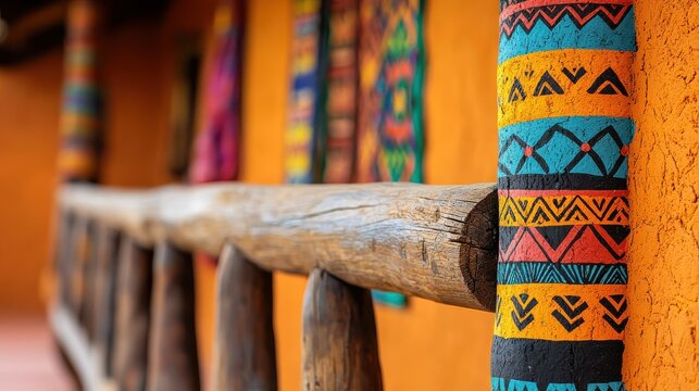 Vibrant painted wooden poles and traditional patterns decorate a rustic orange building, creating a colorful and cultural ambiance.