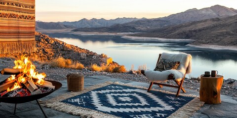 Obraz premium Cozy outdoor lounge with a fire pit, patterned rug, chair, and lake view surrounded by mountains at sunset.