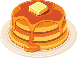 Delicious pancakes stacked high, topped with melting butter and drizzled with syrup, creating mouthwatering breakfast treat