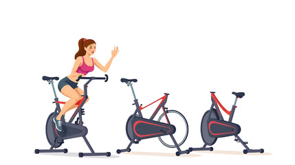 Woman doing V sit bicycles exercise. Flat vector illustration isolated on white background