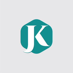 A bold and classy JK monogram logo designed with smooth curves and clean typography, placed inside a teal abstract badge perfect for luxury brands, consultants, or creative professionals.