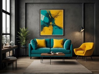 Loft home interior design of modern living room. Dark turquoise tufted sofa with virant yellow pillows