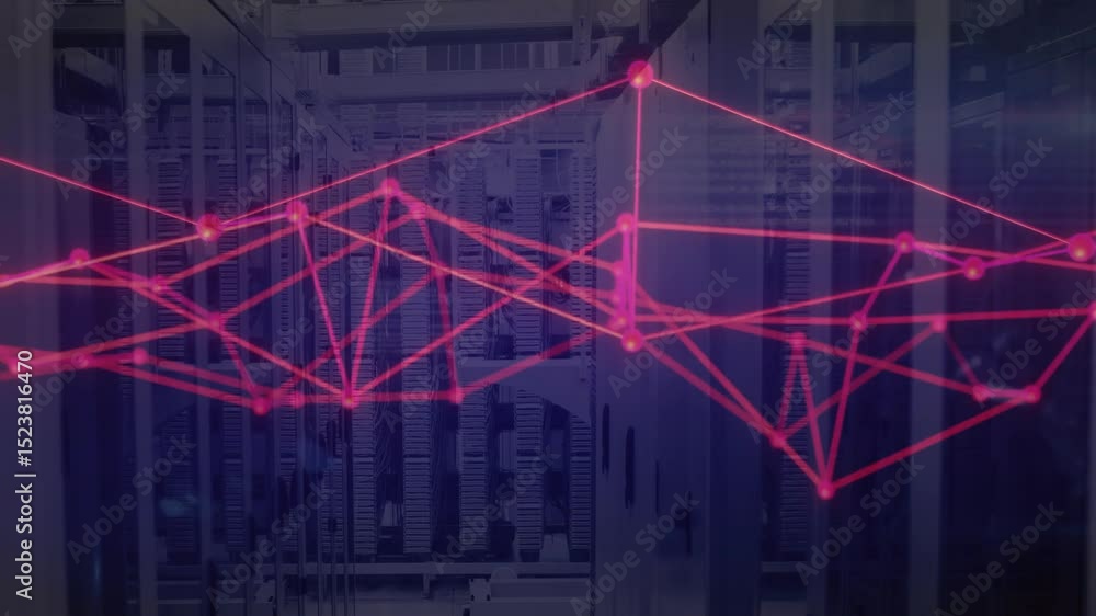 Poster pink wireframe graph fading in, pulsing nodes and shifting lines sliding right showing data flow