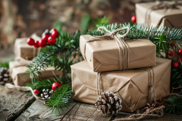 christmas scene with gifts and wreath