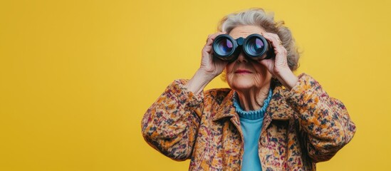 Surprised grandmother looking through binoculars on yellow background - banner with text space