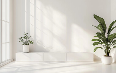White room interior with a white wooden TV stand and window, light floor, and a potted plant on the side