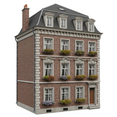 Obraz premium A small countryside wooden cottage with chimney and stone foundation, stylized, white background. 