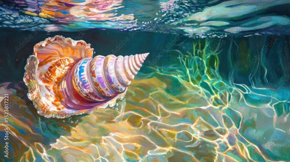 Poster ethereal underwater world: a luminous seashell resting on the seabed