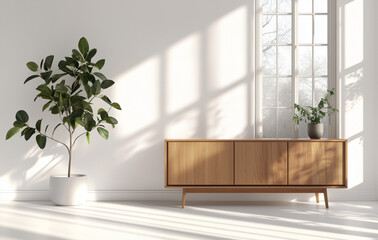 White, empty room interior with a wooden sideboard and window