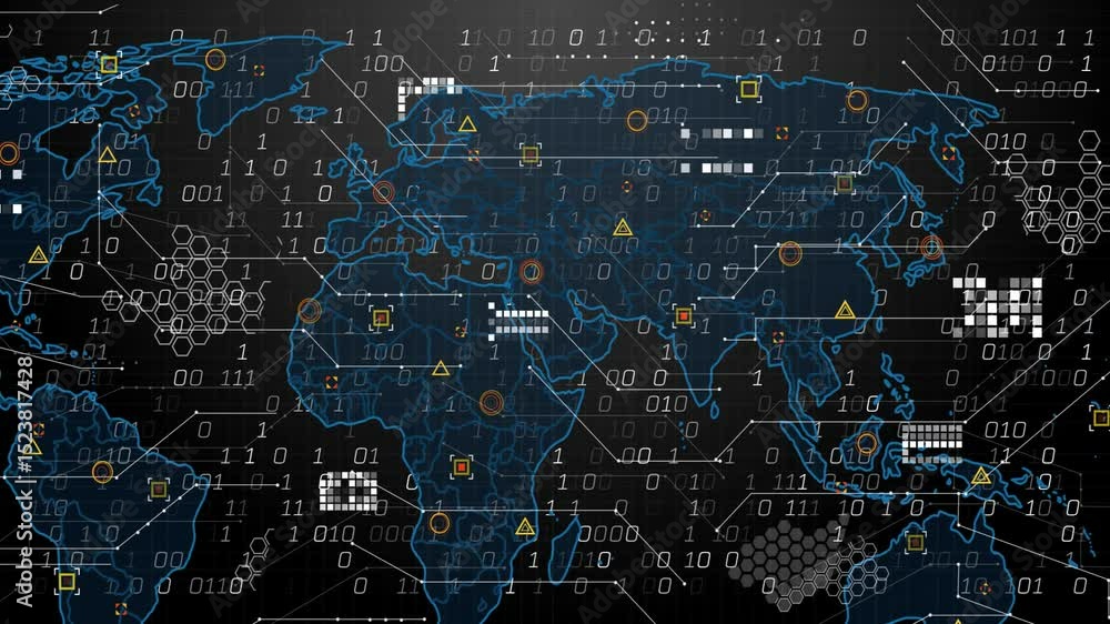 Poster glowing blue map outline expanding, digits drifting and icons popping, showing data saturation