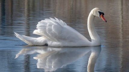 Naklejka premium Elegant white swan swimming on calm water with beautiful reflection