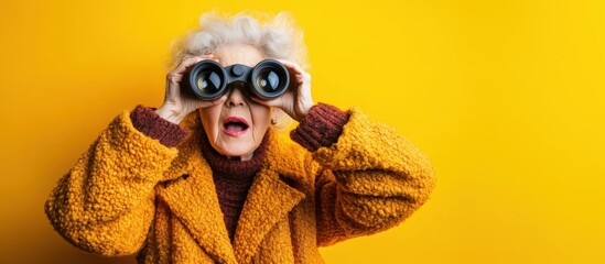Surprised grandmother looking through binoculars on yellow background - banner with text space