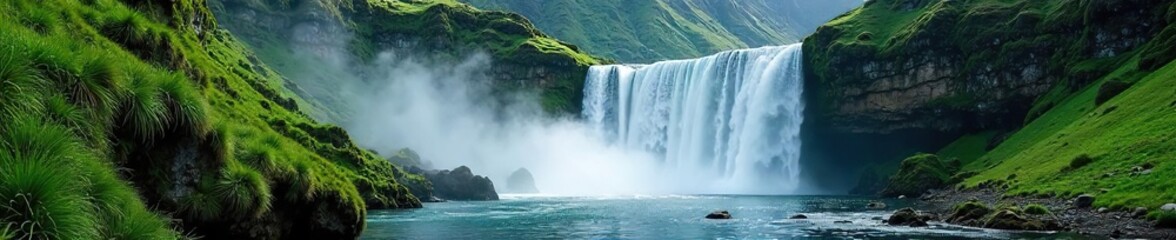 Serene waterfall cascading down a lush green hill, creating a misty spray and a tranquil atmosphere Perfect for nature, travel, and environmental themes , forest, hill, peaceful