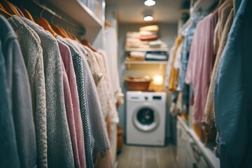 Fototapeta premium Cozy Laundry Room with Washing Machine and Clothes