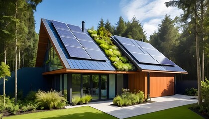 Fototapeta premium Modern house with solar panels and green roof blending into nature