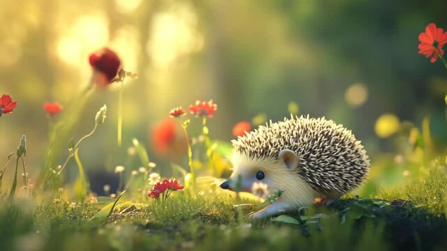 A hedgehog is sitting in a field of flowers. The flowers are red and yellow, and the hedgehog is surrounded by them. The scene is peaceful and serene, with the hedgehog looking up at the camera