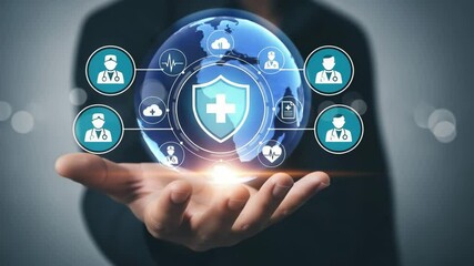 Person holding hand with medical shield and icons representing healthcare and technology concept - Powered by Adobe