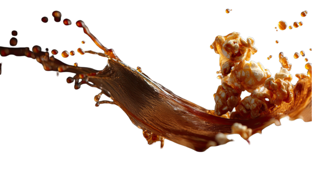 Caramel popcorn and soda splash in motion