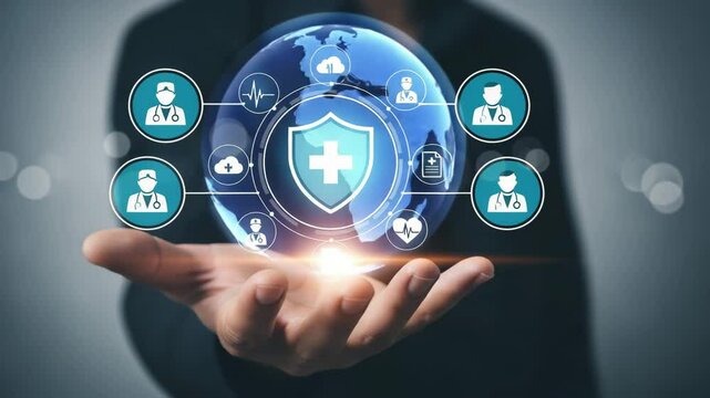 Person holding hand with medical shield and icons representing healthcare and technology concept