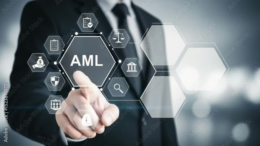 Aufkleber Man in suit pointing at aml hexagon with icons representing compliance and financial security