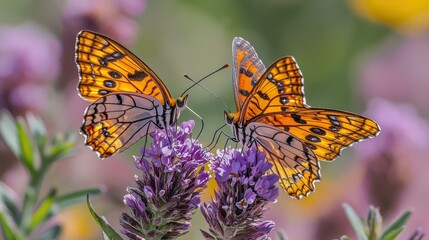 Butterflies and flowers in sunlight. AI.