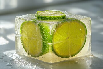 Refreshing lime slice in ice. AI.