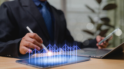 Professional Leveraging Tablet In Modern Office For Digital Projection Of Data Visualization, Driving Upward Growth Through Data driven Decisions And Strategic Intelligence