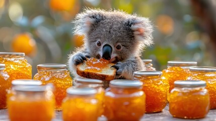 A koala eats a piece of bread with jam. AI.