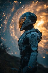A futuristic astronaut suit against a starry night sky. AI.