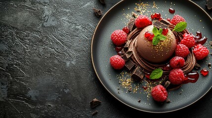 Chocolate sphere with gold flakes and raspberries. AI.