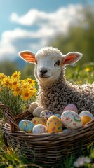 Cute lamb in a nest of colorful eggs. AI.