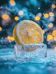 Fresh lemon slice on ice. AI.