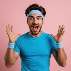 Fototapeta premium Astonished Athlete: Man in Blue Athletic Wear Expressing Amazement Against a Pink Background