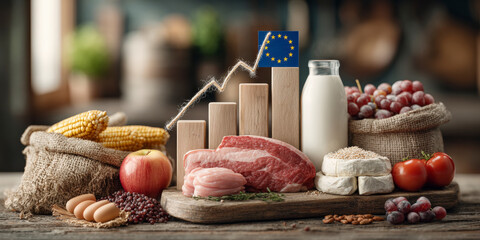 Assorted fresh farm produce and meats with a graph showing growth, symbolizing the robust agricultural sector of the European Union.
