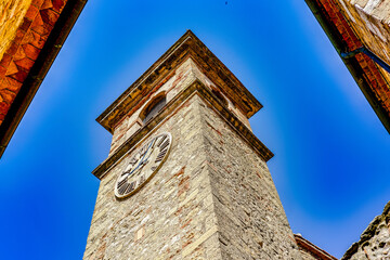 Bell tower of the main church in the town of Casale Marittimo Pisa Tuscany Italy