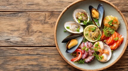 A vibrant seafood platter on a rustic table.