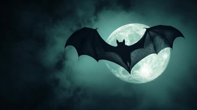 A bat is flying in the sky above a full moon. The image has a dark and mysterious mood, with the bat being the main focus of the scene