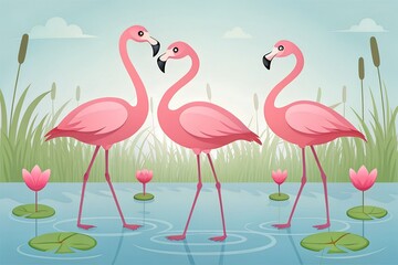 Fototapeta premium Three Pink Flamingos Standing in Water with Lily Pads and Cattails