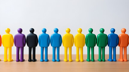 **Employee onboarding process:** A line of faceless plastic toy workers. This signifies human resources, the first day at work, team introductions, and corporate culture. A newcomer distinguishes